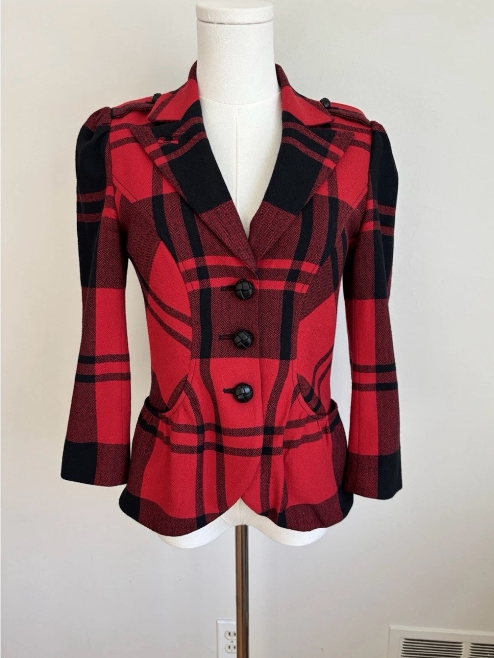 Diane Von Furstenberg Red and Black Plaid Tailored Blazer